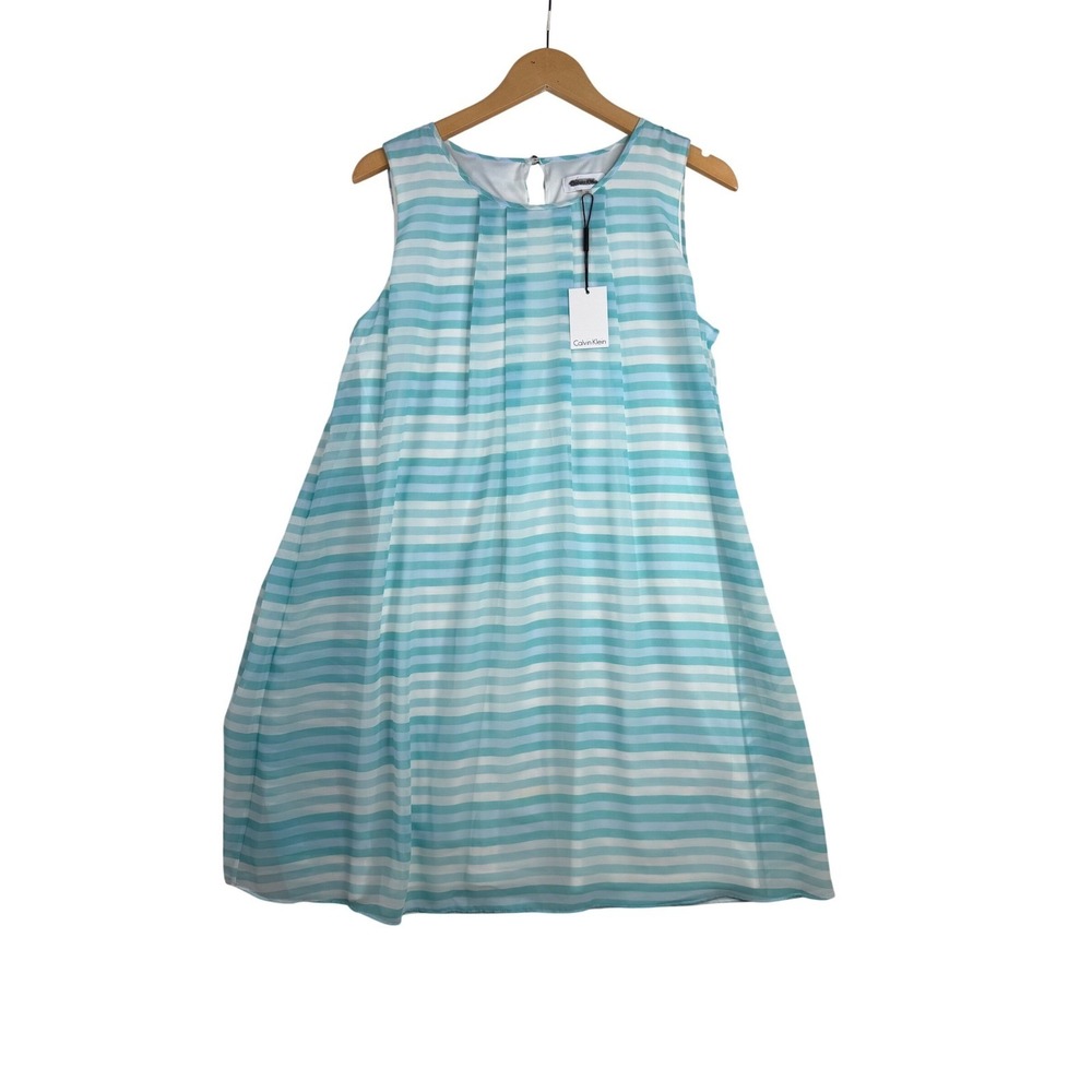 New Calvin Klein Striped Sleeveless A-line Shift Dress size 10 Seaspray Blue/Whi